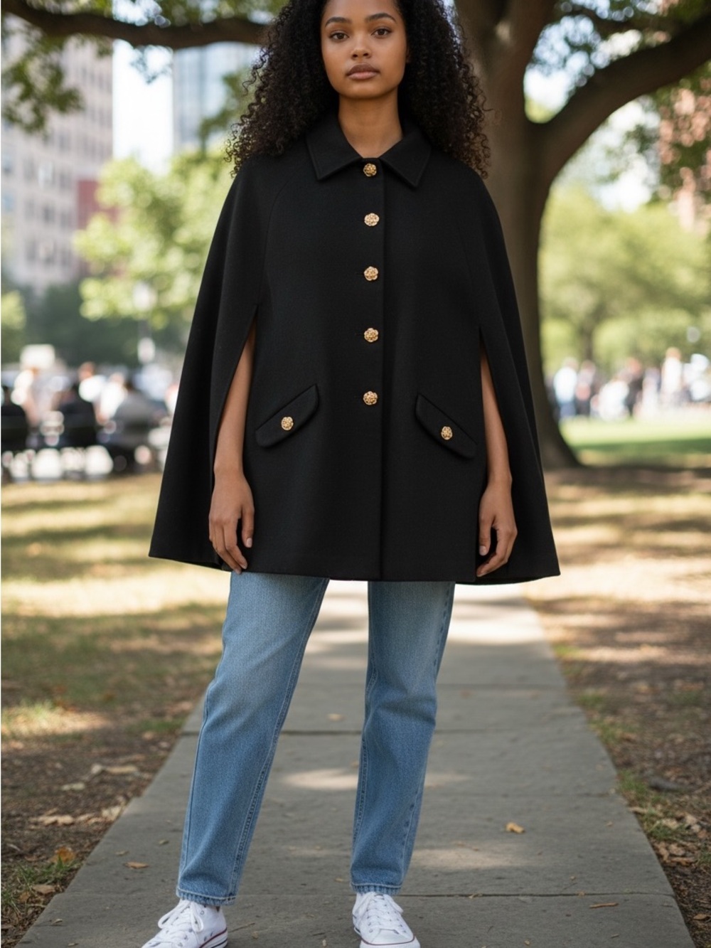 Commense Black Cape Coat with Gold Buttons